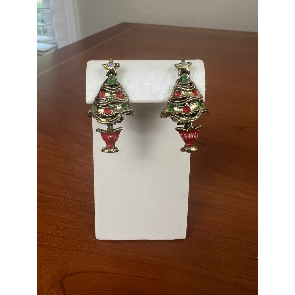 Vintage Christmas Tree Clip On Earrings Gold Tone Enamel Rhinestone Holiday Star